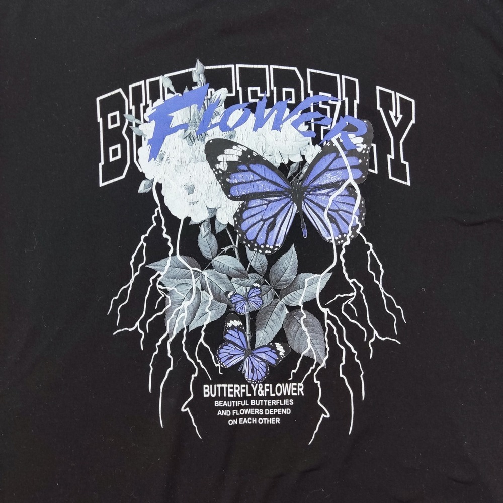 Unbranded‎ T-Shirt Mens L Black Butterfly Flower Graphic Streetwear Short Sleeve